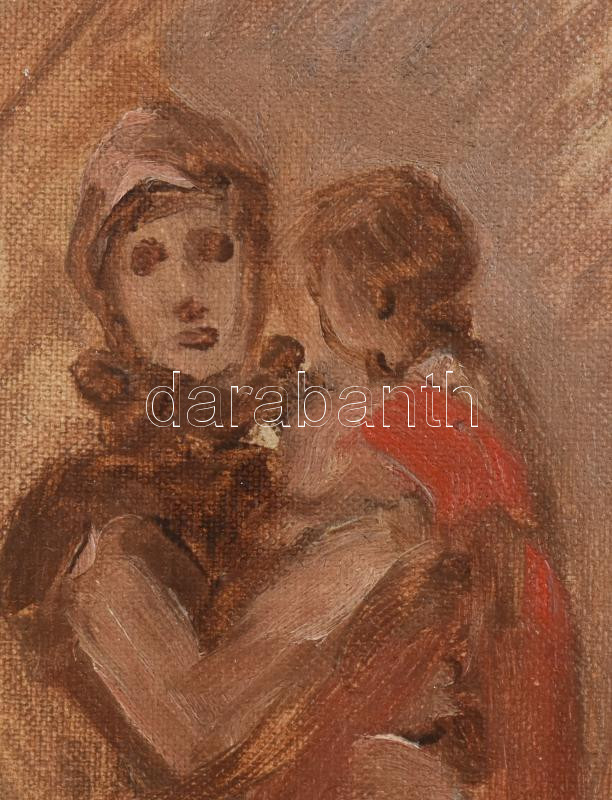 Bruck Lajos (1846 - 1910): Anya gyermekével. Olaj, vászon-karton, hátoldalon 'Bruck Lajos hagyatéka' raglappal és árverési számmal, 30x13 cm / oil on canvas, mounted on board, with the painter's estate label on the reverse - Image 2