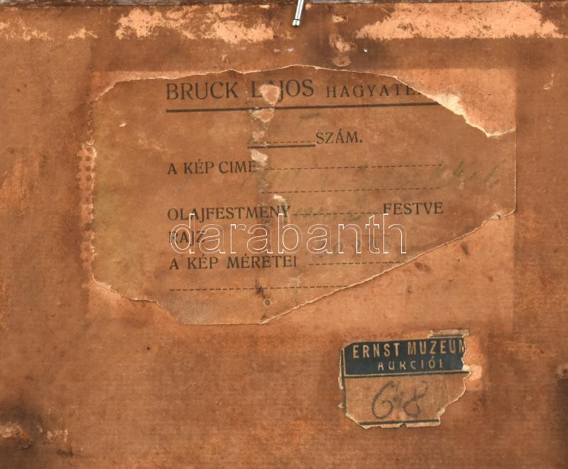 Bruck Lajos (1846 - 1910): Anya gyermekével. Olaj, vászon-karton, hátoldalon 'Bruck Lajos hagyatéka' raglappal és árverési számmal, 30x13 cm / oil on canvas, mounted on board, with the painter's estate label on the reverse - Image 3