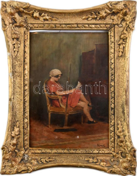 Glatter Ármin (1861-1931): Olvasó hölgy. Olaj, rétegelt fa, jelezve jobbra lent, sérült keretben, 29x21 cm