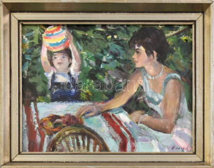 Balogh András (1919-1992): Lampionos jelenet. Olaj, műanyag lemez, jelezett, kopott, keretben, 25,5x33,5 cm