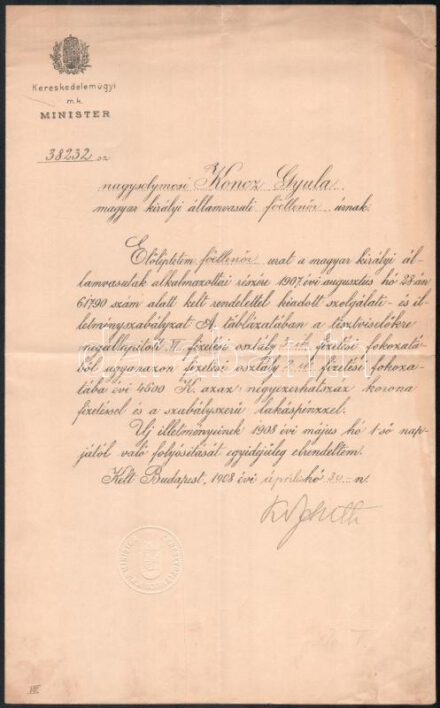 19008 Kossuth Ferenc kereskedelemügyi miniszter autográf aláírása kinevezésen