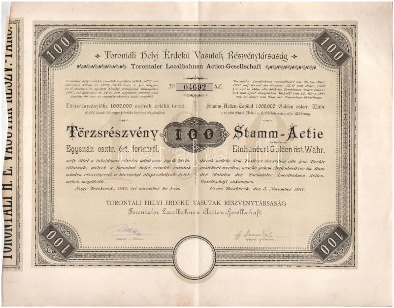 Nagybecskerek 1887. 'Torontáli Helyi Érdekű Vasutak Részvénytársaság' törzsrészvénye 100Ft-ról szárazpecséttel T:VF / Hungary / Nagybecskerek 1887. 'Local Interest Railway Share Company of Torontal' share about 100 Forint with embossed