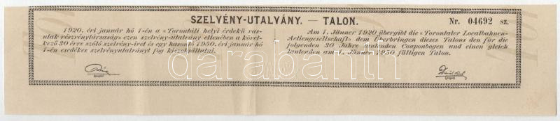 Nagybecskerek 1887. 'Torontáli Helyi Érdekű Vasutak Részvénytársaság' törzsrészvénye 100Ft-ról szárazpecséttel T:VF / Hungary / Nagybecskerek 1887. 'Local Interest Railway Share Company of Torontal' share about 100 Forint with embossed - Image 2