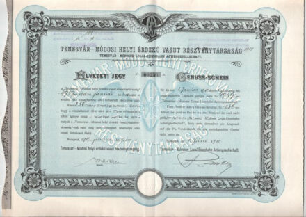 Budapest 1910. 'Temesvár - Módosi Helyi Érdekü Vasut Részvénytársaság' élvezeti jegye magyar és német nyelven, szárazpecséttel és bélyegzésekkel T:F / Hungary / Budapest 1910. 'Local Interest Railway Share Company of Temesvár -