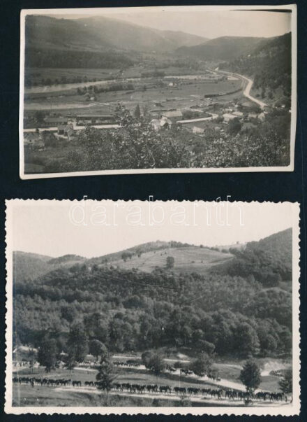 1940 Erdély, Királyhágó, magyar katonai lovas egység a bevonuláskor + Csucsa (Ciucea), látkép a Sebes-Körössel, 2 db fotó, a hátoldalon feliratozva, 11,5x8,5 cm és 11x6,5 cm