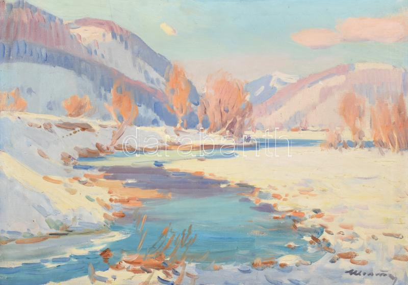 Soltész Zoltán (1909-1990): Téli Kárpátok (Kárpátalja). Olaj, vászon, jelzett. Fa keretben, 50×70 cm / Zoltán Soltész (1909-1990): Carpathians in winter (Carpatho-Ukraine). Oil on canvas, signed. Framed, 50×70 cm