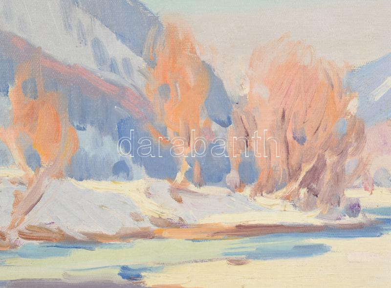 Soltész Zoltán (1909-1990): Téli Kárpátok (Kárpátalja). Olaj, vászon, jelzett. Fa keretben, 50×70 cm / Zoltán Soltész (1909-1990): Carpathians in winter (Carpatho-Ukraine). Oil on canvas, signed. Framed, 50×70 cm - Image 2