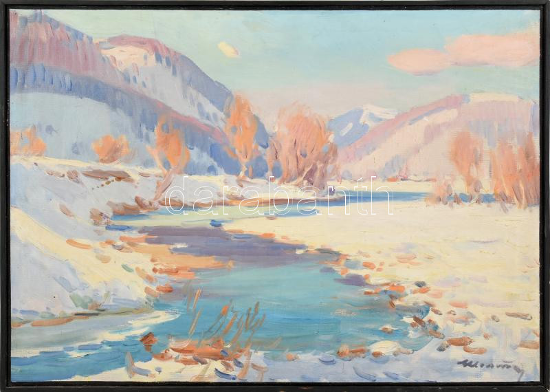 Soltész Zoltán (1909-1990): Téli Kárpátok (Kárpátalja). Olaj, vászon, jelzett. Fa keretben, 50×70 cm / Zoltán Soltész (1909-1990): Carpathians in winter (Carpatho-Ukraine). Oil on canvas, signed. Framed, 50×70 cm - Image 4