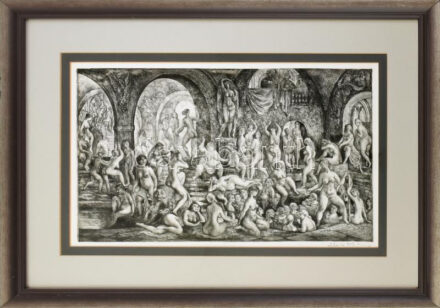 Szabó Vladimir (1905-1991): Fürdőző aktok. Rézkarc, papír, jelzett, üvegezett fakeretben. 28x49 cm