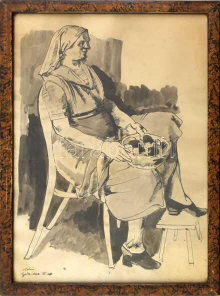 Kohán György (1910-1966): Nő tállal. Ceruza, tus, papír, jelzett. Üvegezett fa keretben. 42x30 cm. / Pencil and ink on paper, signed, framed