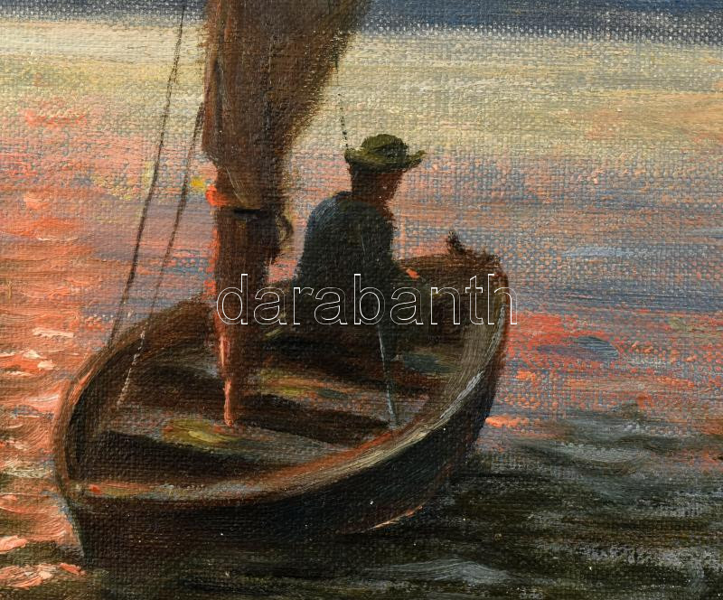 Wolff Károly (1869-1946): Vitorlás a Balatonon. Olaj, vászon. Jelzett. Kopott fa keretben 24x34 cm / Boat on Lake Balaton. Oil on canvas, signed, framed - Image 2