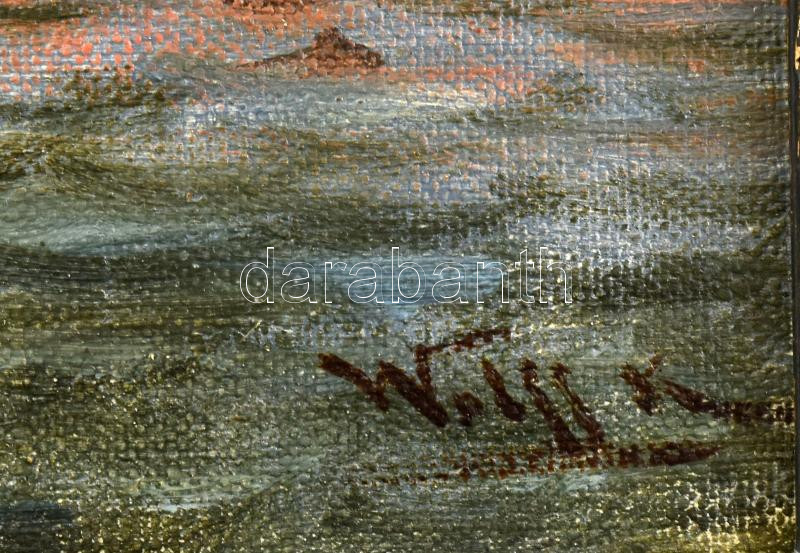 Wolff Károly (1869-1946): Vitorlás a Balatonon. Olaj, vászon. Jelzett. Kopott fa keretben 24x34 cm / Boat on Lake Balaton. Oil on canvas, signed, framed - Image 3