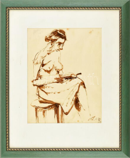 Holló László (1887-1976): Olvasó női akt, 1930. Szén, papír, jelzett, üvegezett fakeretben, 27x19 cm / Charcoal on paper, signed, framed