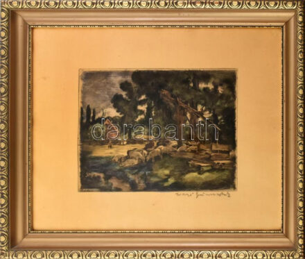 Prihoda István (1891-1956) - Iványi Grünwald Béla (1867-1940): Itatás. Rézkarc, papír, jelzett, 23x30 cm. Dekoratív korabeli, kopott üvegezett fakeretben.