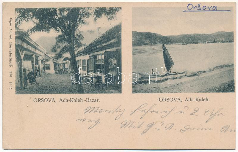 1901 Ada Kaleh (Orsova), Török bazár üzlet, vitorlás hajó a Dunán. Jäger Alfréd kiadása / Turkish bazaar shop, sailing boat on the Danube (Rb)