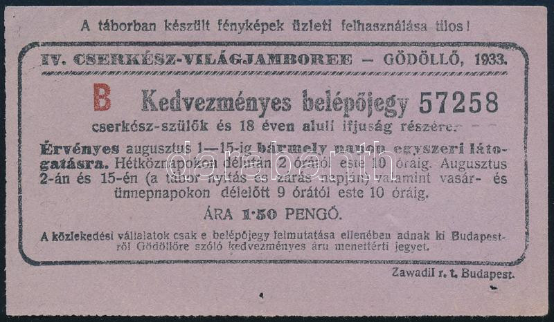 1933 Kedvezményes belépőjegy látogatók részére a gödöllői Világjamboree-ra, szép állapotban
