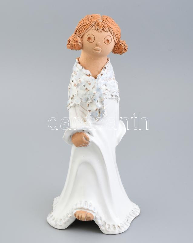 Antalfiné Szente Katalin: Fehér ruhás lány. Mázas kerámia figura, kézzel festett, jelzett, minimális mázrepedésekkel, m: 27 cm