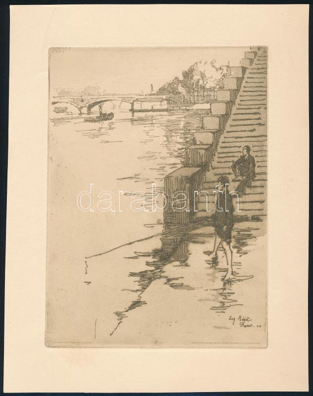 Béjot, Eugene (1867-1931). Szajnaparti lécsőn. , Cannes, 1893. Rézkarc, papír. Jelzett a karcon. 13x19 cm