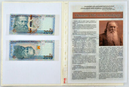 2019. 'Herman Ottó' (2xklf) mintabankjegy pár tervezet, kétoldalas tájékoztatóval, 'Pénzjegynyomda Részvénytársaság' karton mappában. Tervezte: Pálinkás György T:UNC / Hungary 2019. 'Ottó Herman' (2xdiff) test banknote pair with a