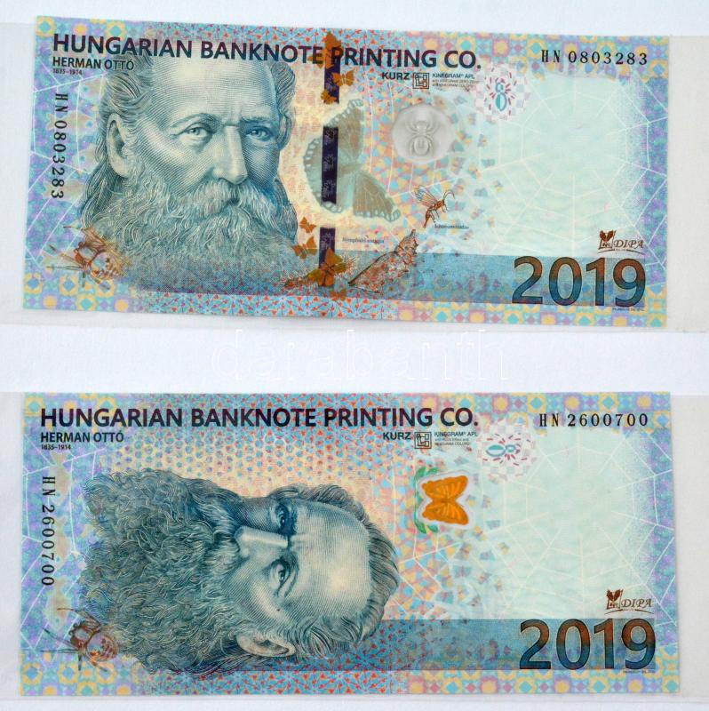 2019. 'Herman Ottó' (2xklf) mintabankjegy pár tervezet, kétoldalas tájékoztatóval, 'Pénzjegynyomda Részvénytársaság' karton mappában. Tervezte: Pálinkás György T:UNC / Hungary 2019. 'Ottó Herman' (2xdiff) test banknote pair with a - Image 2