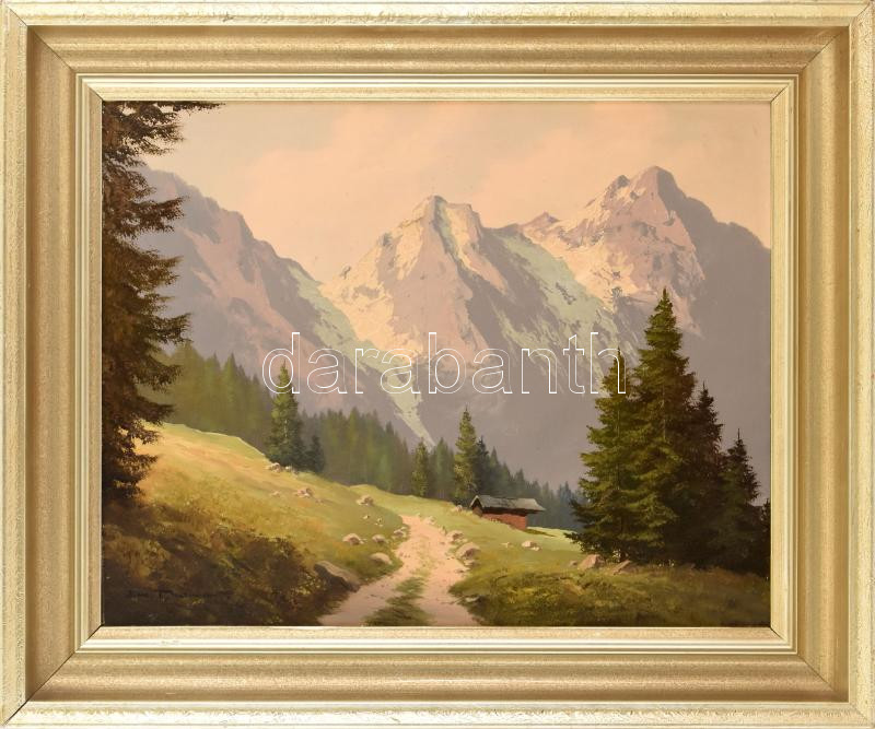 J. H. Thomas jelzéssel: Alpesi táj. Olaj, farost. 40x50 cm, dekoratív fakeretben.