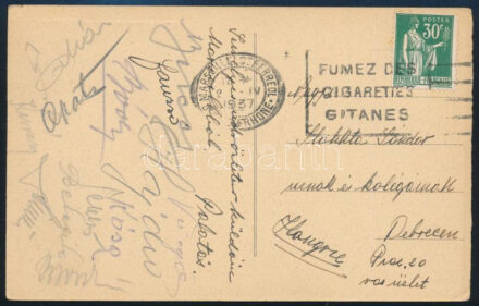 1937 A Debreceni Bocskai labdarúgó csapat tagjai által aláírt képeslap Marseilléből (Opata, Kósa, Hajdú, Berecz, Palotás, Kemény, Vágó, Békásy) / Autograph signed postcard of the Hungarian football team Bocskai from Debrecen.