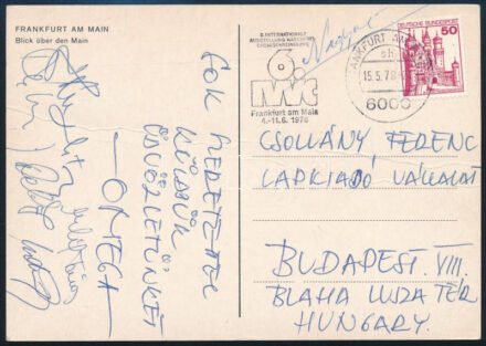 1978 Az Omega együttes tagjai által aláírt képeslap Frankfurtból / Autograph signed postcard of the Omega band