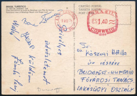 1971 A magyar labdarúgó válogatott tagjai által aláírt képeslap Dunai II., Zászló, Juhász, Péter, Bene, stb / Autograph signed postcard of the Hungarian football team