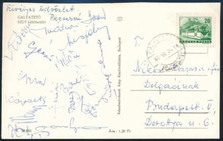 1968 A magyar labdarúgó válogatott tagjai által aláírt képeslap edzőtáborból a Mexikói olimpia előtt: Mátrai, Bene, Kárpáti stb. / Autograph signed postcard of the Hungarian football team from training camp