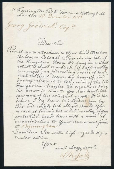 1852 Kossuth Lajos emigrációban autográf aláírásával és soraival kiegészített levele. Ajánlólevél Szerelmey Miklósnak (1803-1875) aki a Magyarország 1848-1849 című album egyik szerkesztője volt. Angol nyelven egy angol ügyvédnek