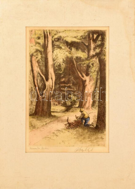 Komjáti-Wanyerka Gyula (1894-1958): Rőzseszedő. Színezett rézkarc, papír, jelzett. paszpartuban, 37×26 cm