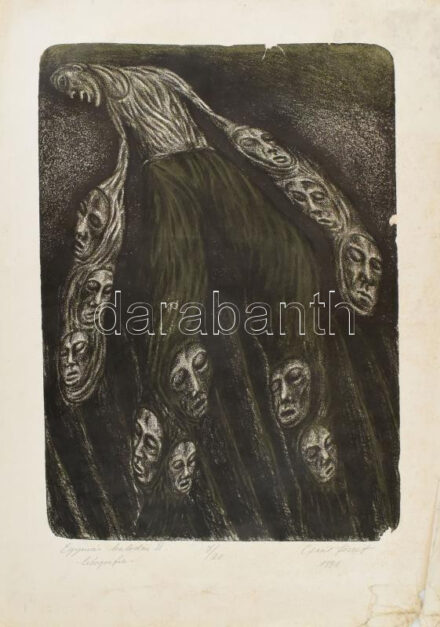 Gaál József (1960-): Egymás kalodái II, 1991. Litográfia, papír. Jelzett, számozott: 7/20 56x38 cm Lap sérült, foltos.