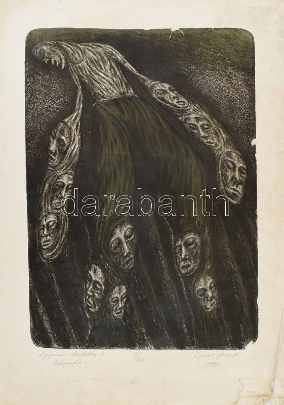 Gaál József (1960-): Egymás kalodái II, 1991. Litográfia, papír. Jelzett, számozott: 7/20 56x38 cm Lap sérült, foltos.