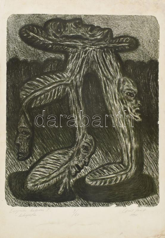 Gaál József (1960-): Egymás kalodái I. 1991. Litográfia, papír. Jelzett, számozott: 9/20 56x38 cm Lap sérült, foltos.