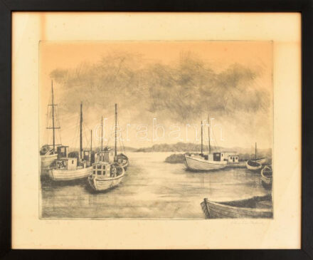 Ábrahám Rafael (1929-): Bárkák (Balatoni kikötő). Rézkarc, papír, jelzett. Üvegezett fakeretben. 29x39 cm. Foltos