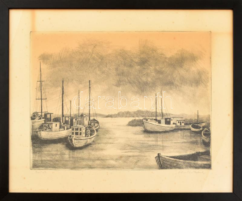 Ábrahám Rafael (1929-): Bárkák (Balatoni kikötő). Rézkarc, papír, jelzett. Üvegezett fakeretben. 29x39 cm. Foltos
