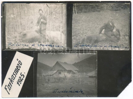 1925 Farkasmező, Erdély, Szilágy-megye emlékképek vadászokról, és az erdész házról sérüléssel 12x8 cm