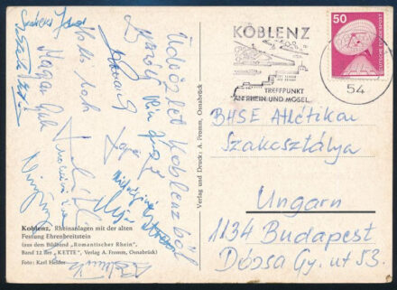 1954 Magyar atléták által aláírt képeslap Koblenzből: Magyar Gyula, Mohácsi Éva, Szék István, Hidvéginé, stb / Hungarian athletes autograph postcard