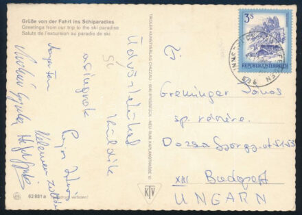 cca 1975 A BHSE (Honvéd) síugróinak aláírásai Ausztriából / Hungarian ski jumper team autograph postcard