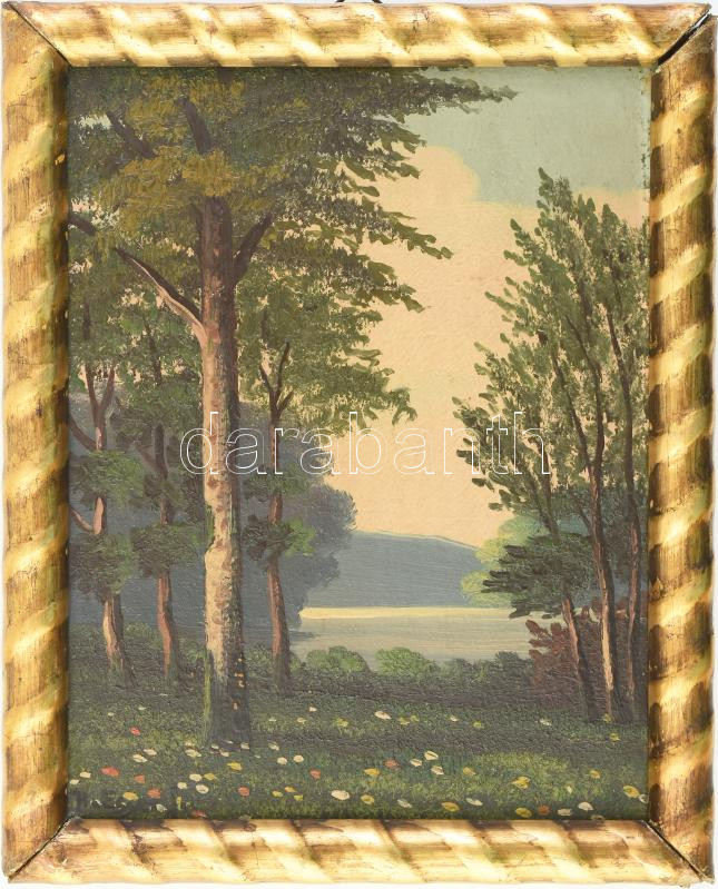 H Esser jelzéssel: Virágzó táj. Olaj, karton. 24x18 cm. Dekoratív, sérült fakeretben.