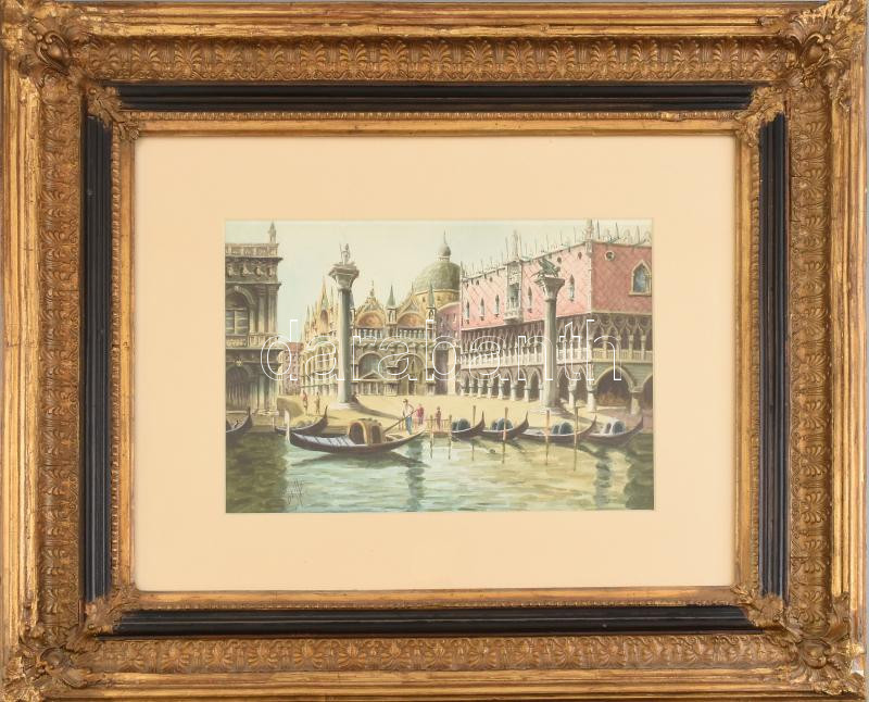Ism jelzéssel: A Doge palota Velencében. Akvarell, papír, dekoratív fa keretben. 23x35 cm Keret 57x65 cm