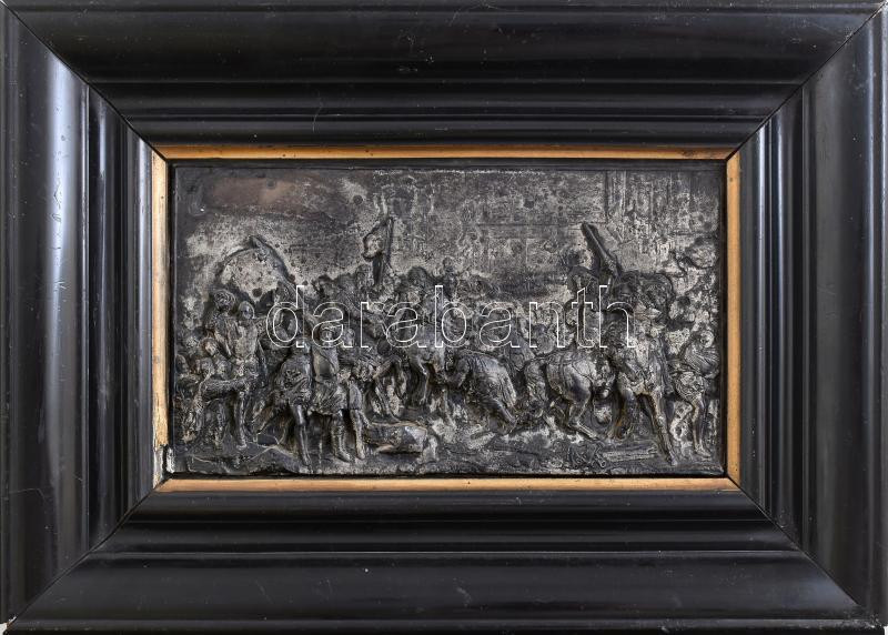 XIX. sz. vége csatajelenet domborkép fémlemez fa keretben. Külső méret 26x37 cm
