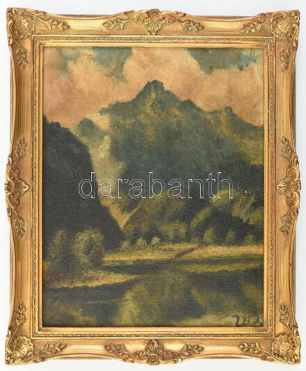 Olvashatatlan jelzéssel: Hegyvidéki táj. Olaj, farost. 28x22 cm. Dekoratív fakeretben.