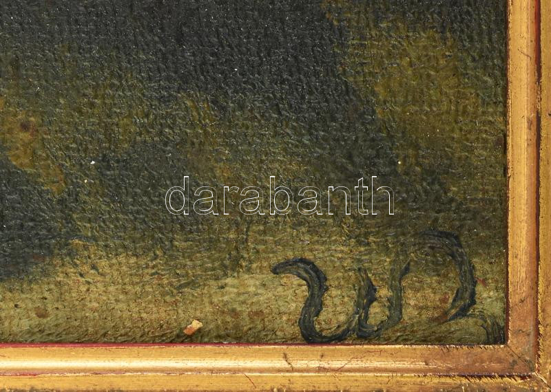 Olvashatatlan jelzéssel: Hegyvidéki táj. Olaj, farost. 28x22 cm. Dekoratív fakeretben. - Image 2