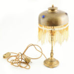 cca 1910 Szecessziós bronz asztali lámpa üveg díszekkel, működik, 33 cm