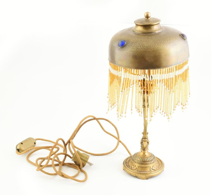 cca 1910 Szecessziós bronz asztali lámpa üveg díszekkel, működik, 33 cm
