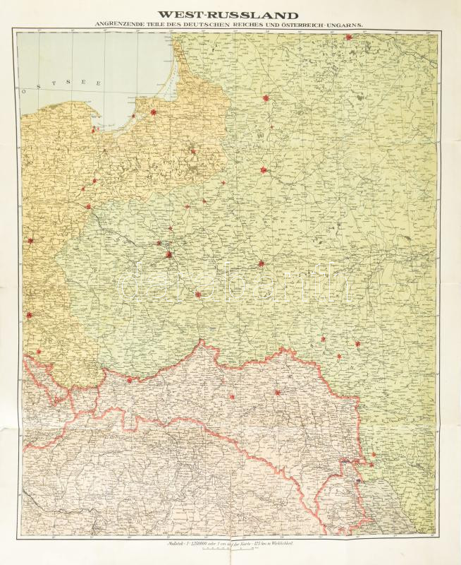 cca 1914 West-Russland, angrenzende Teile des Deutschen Reiches und Österreich-Ungarns, 1:250 000, szakadással, 88×72 cm