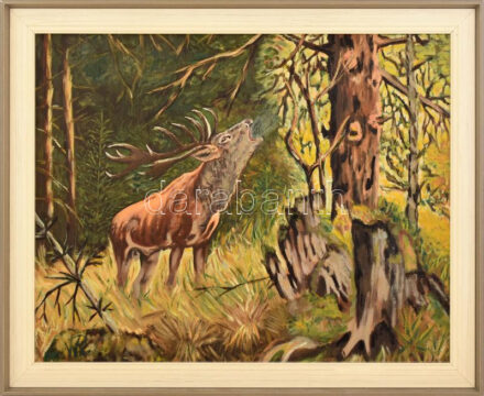 Olvashatatlan jelzéssel: Szarvasbőgés. Olaj, farost. 27x45 cm. Dekoratív fakeretben.