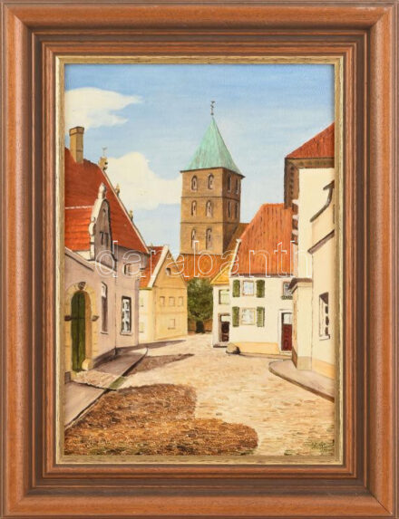 Hilger jelzéssel: Rheine, Münsterstraße (Vesztfália, Németország). Olaj, karton. 40x30 cm. Dekoratív fakeretben.