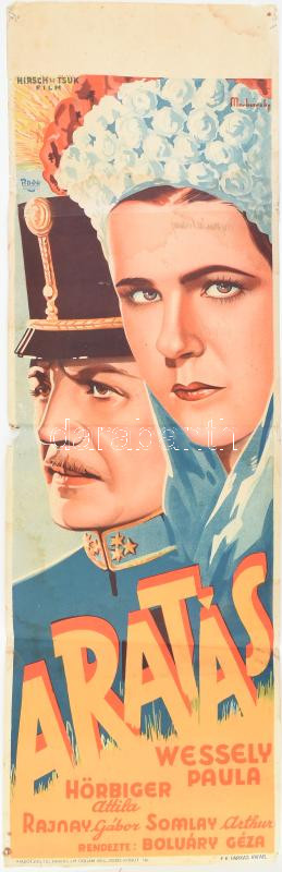 cca 1936-1937 Muskovszky László (1902-1968?): Aratás c. magyar mozifilm plakátja, rácsplakát, rendezte Bolváry Géza, szereplők: Wessely Paula, Hörbiger Attila, Rajnay Gábor, Somlay Arthur. Hirsch és Tsuk Film, Bp., Radó Jenő és